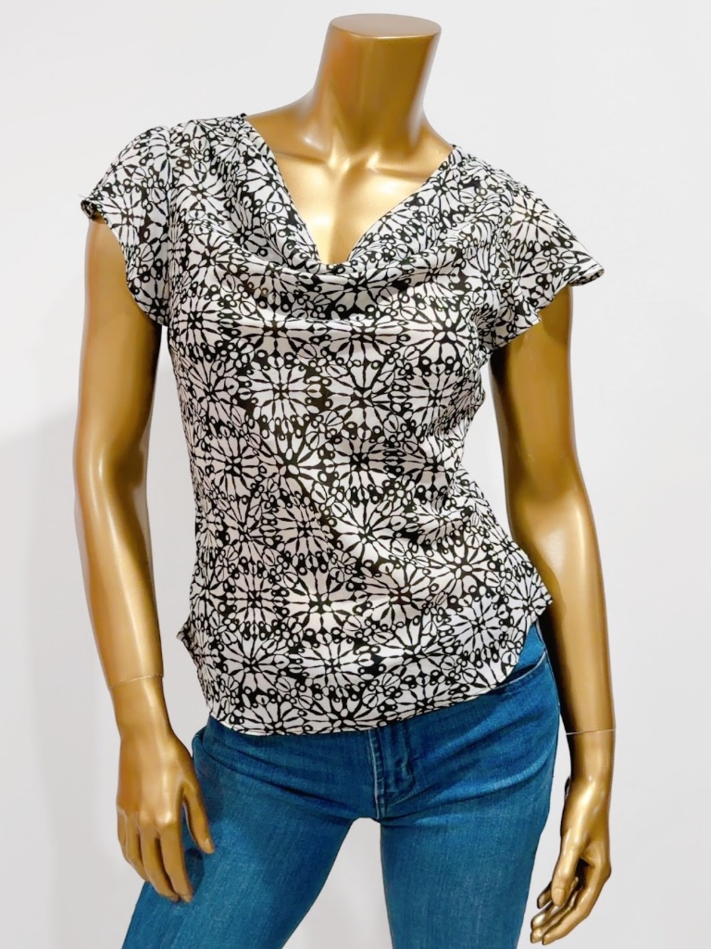 A. Byer Vintage Y2K Top Black & White Patterned Cowl Neck Blouse Size M